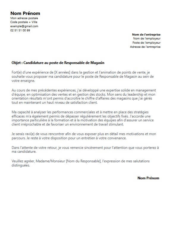 lettre de motivation responsable de magasin
