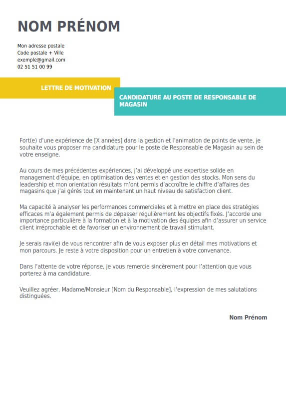 lettre de motivation pour responsable de magasin