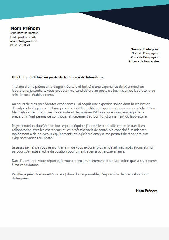 template lettre de motivation technicien laboratoire