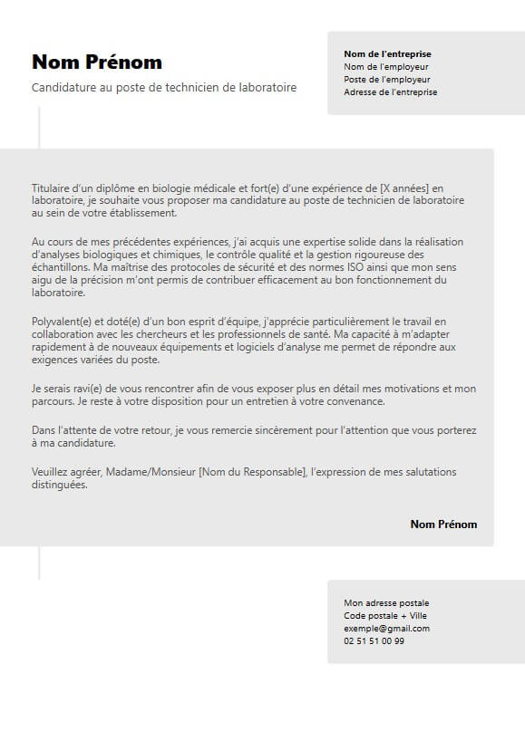 template de lettre de motivation moderne de technicien laboratoire