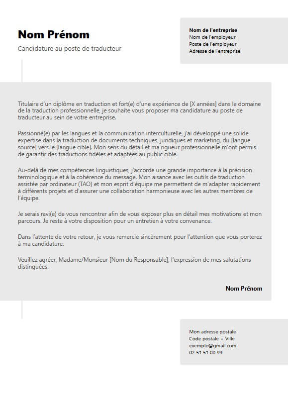 template de lettre de motivation moderne de traducteur