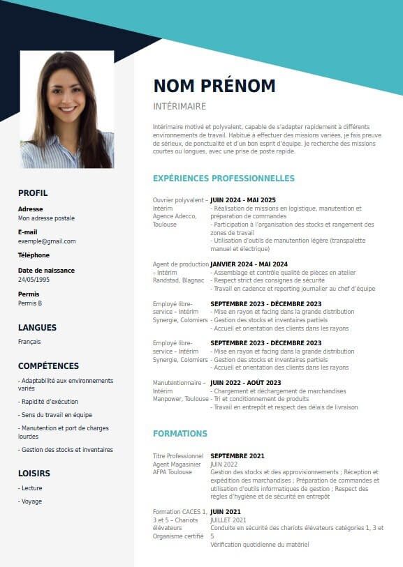 exemple CV vierge pour intérimaire