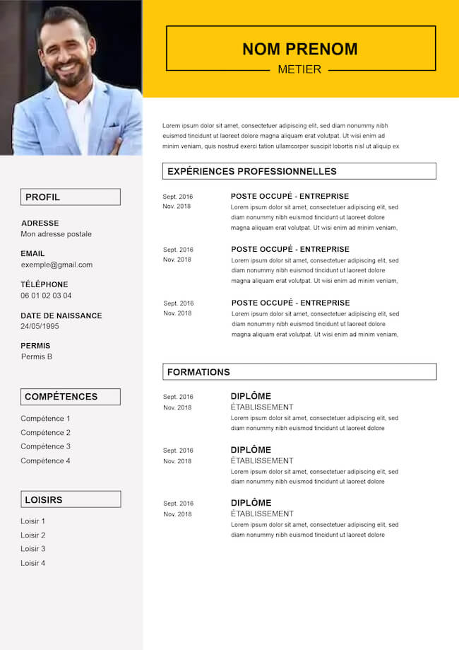 template cv de couleur jaune