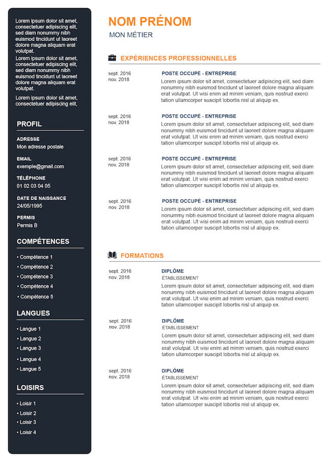 Curriculum Vitae simple et orange sans photo