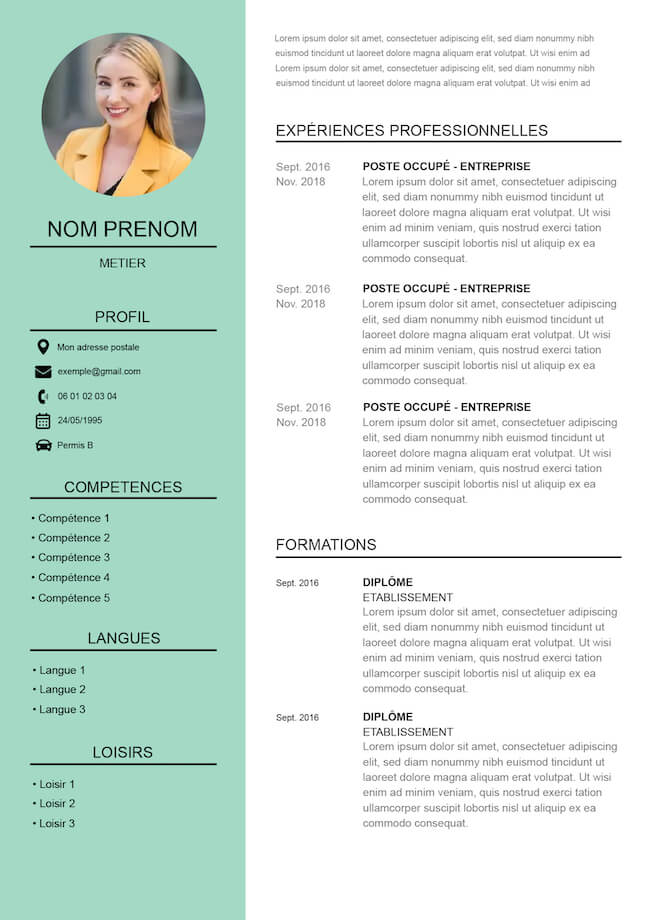 template de CV vert professionnel