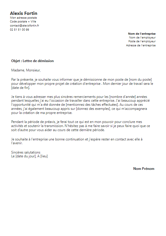 modele de lettre de démission pour une création de société