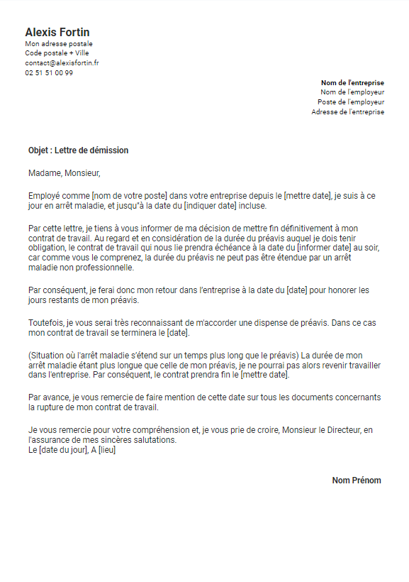 Exemple de lettre de démission pour raison médicale