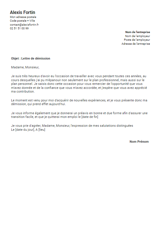 lettre de démission pdf à remplir pour raisons personnelles