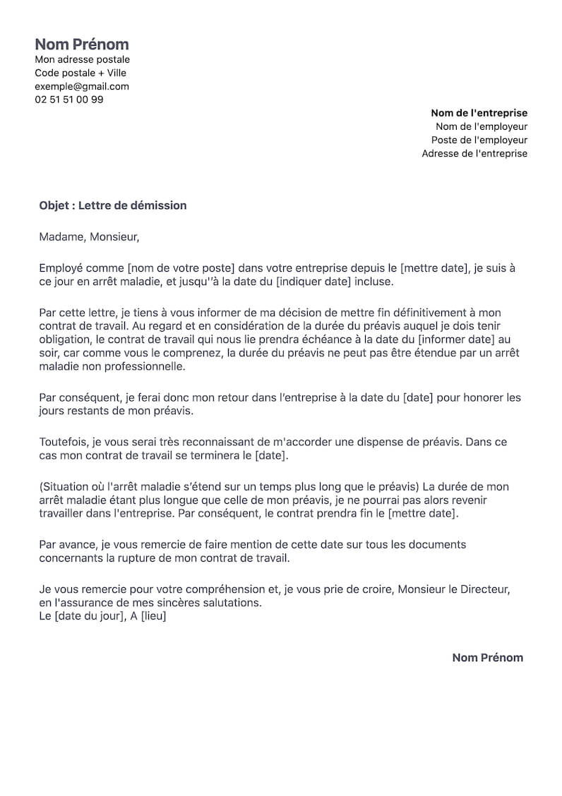 modèle de lettre de démission classique pendant un arrêt maladie