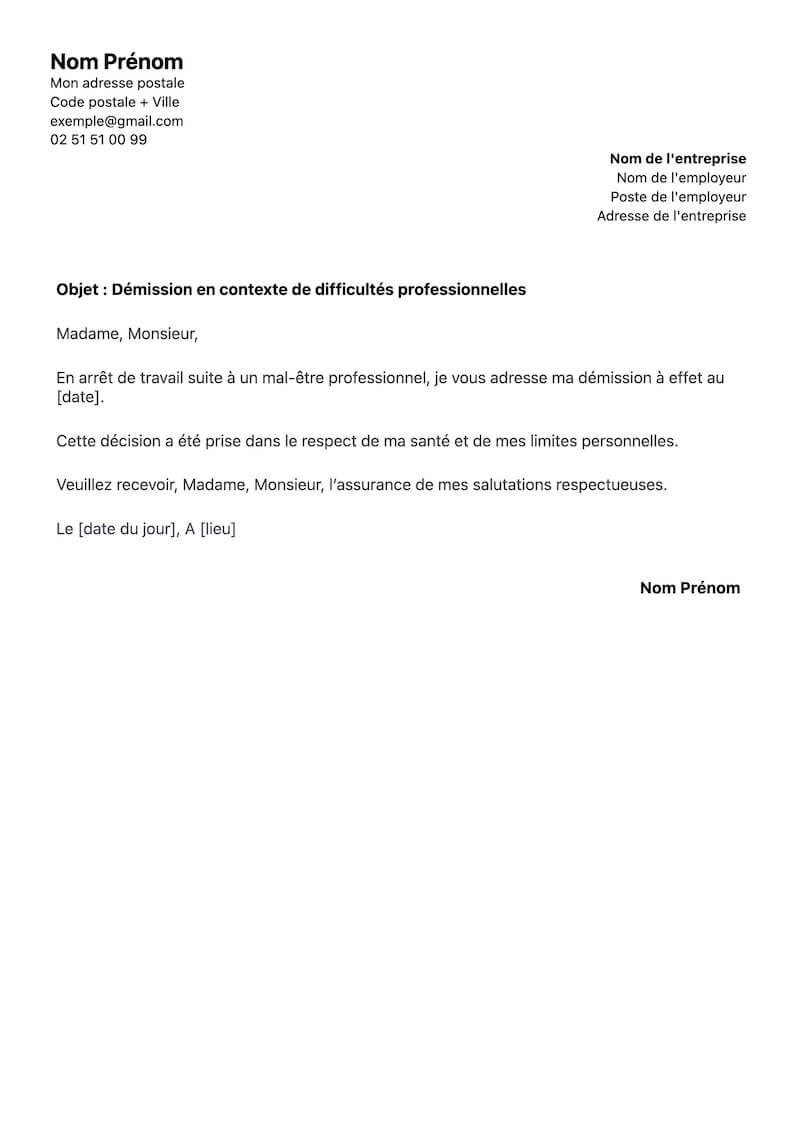 exemple lettre de démission pour burn-out ou mal-être professionnel