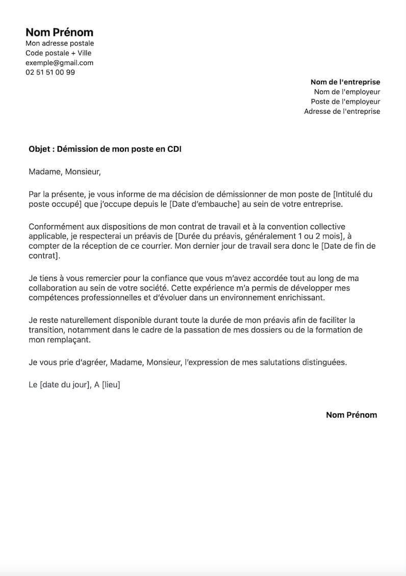 modèle de lettre de demission CDI avec préavis