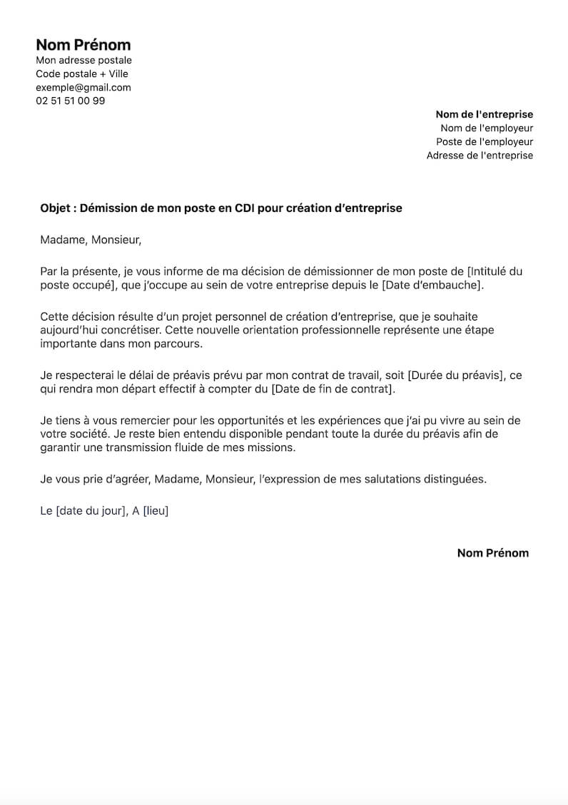 template lettre de démission pour création d'entreprise