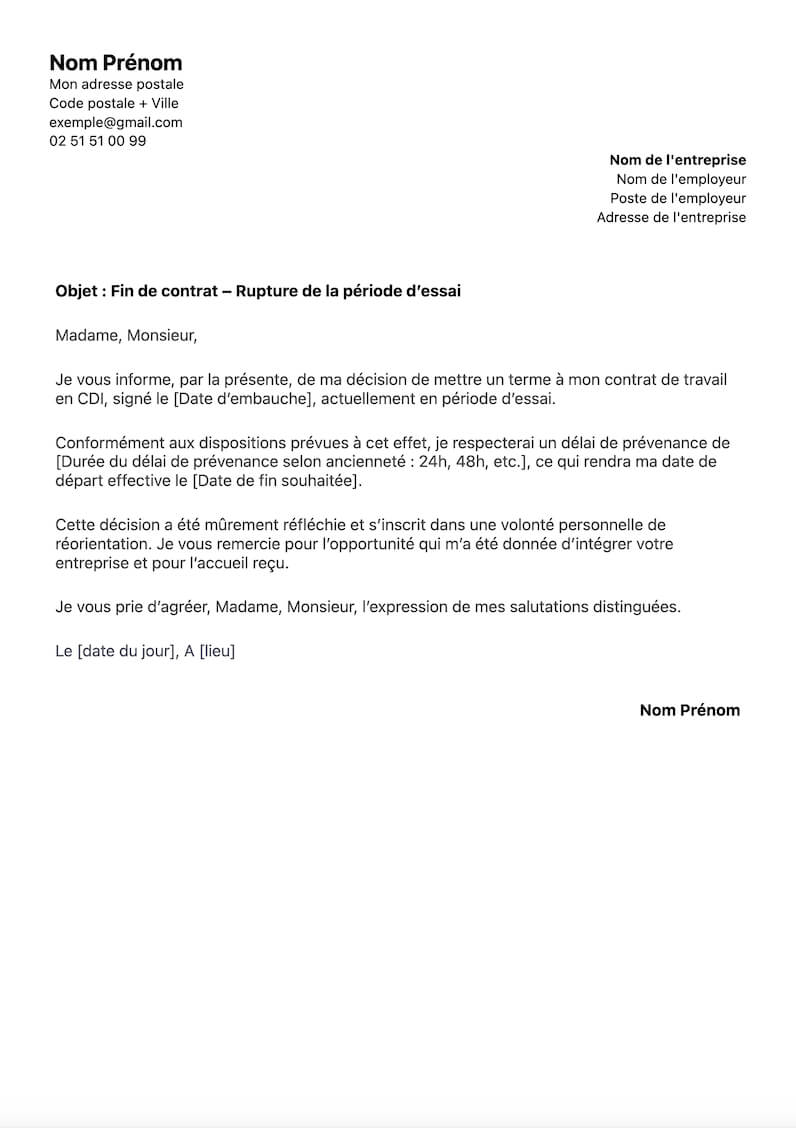 lettre de démission d'un CDI en période d'essai