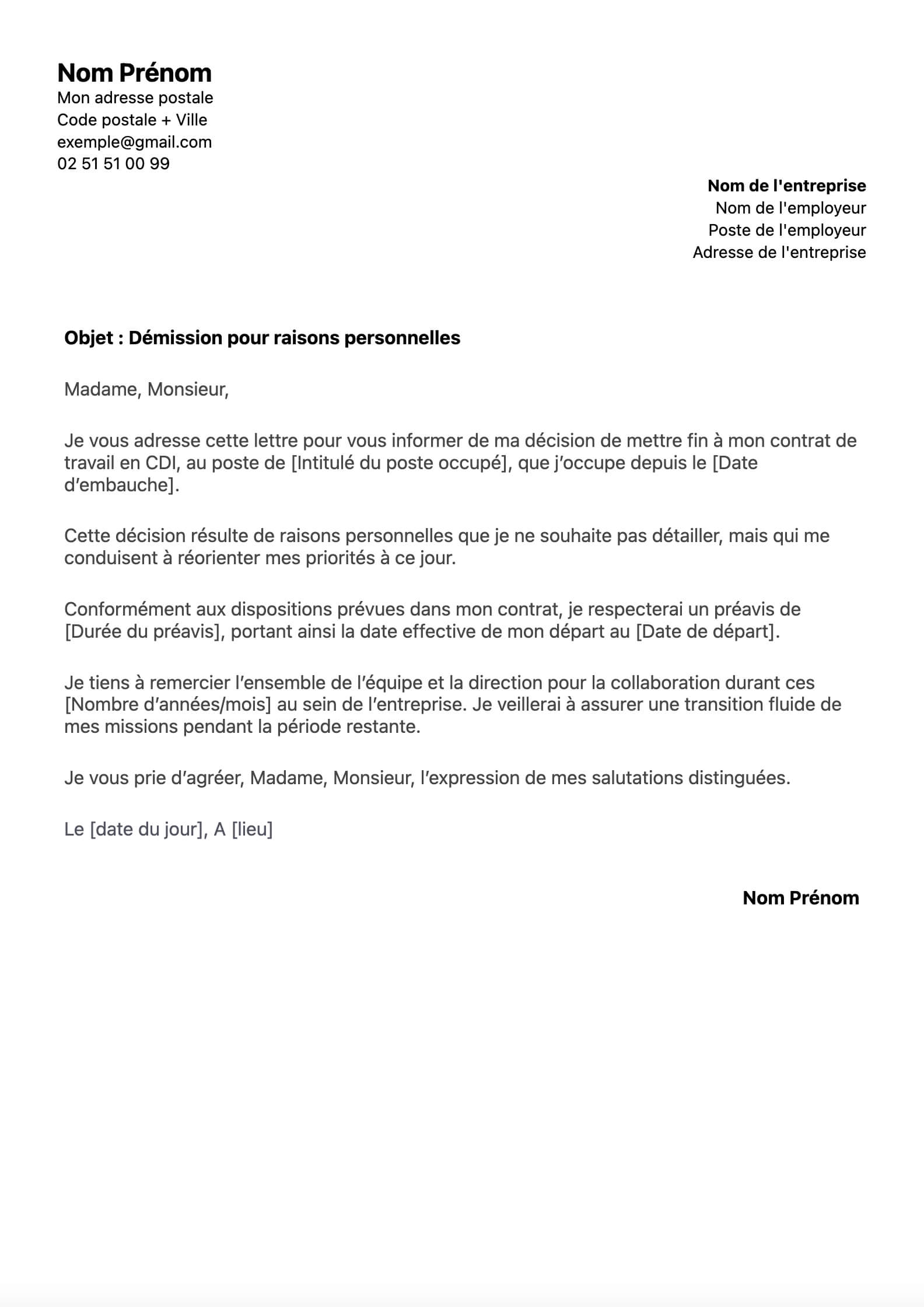 modele à compléter d'une lettre de démission CDI pour raisons personnelles