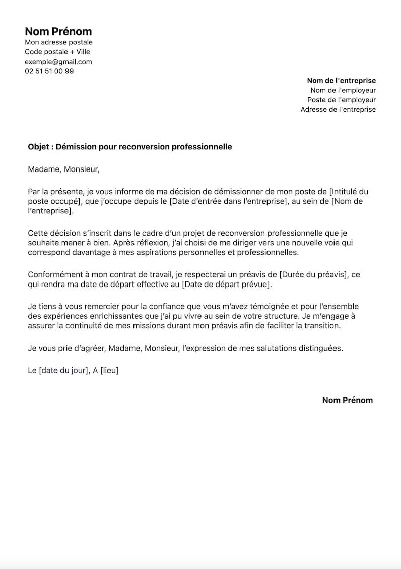 Exemple de lettre de démission pour un contrat en CDI pour reconverison professionnelle