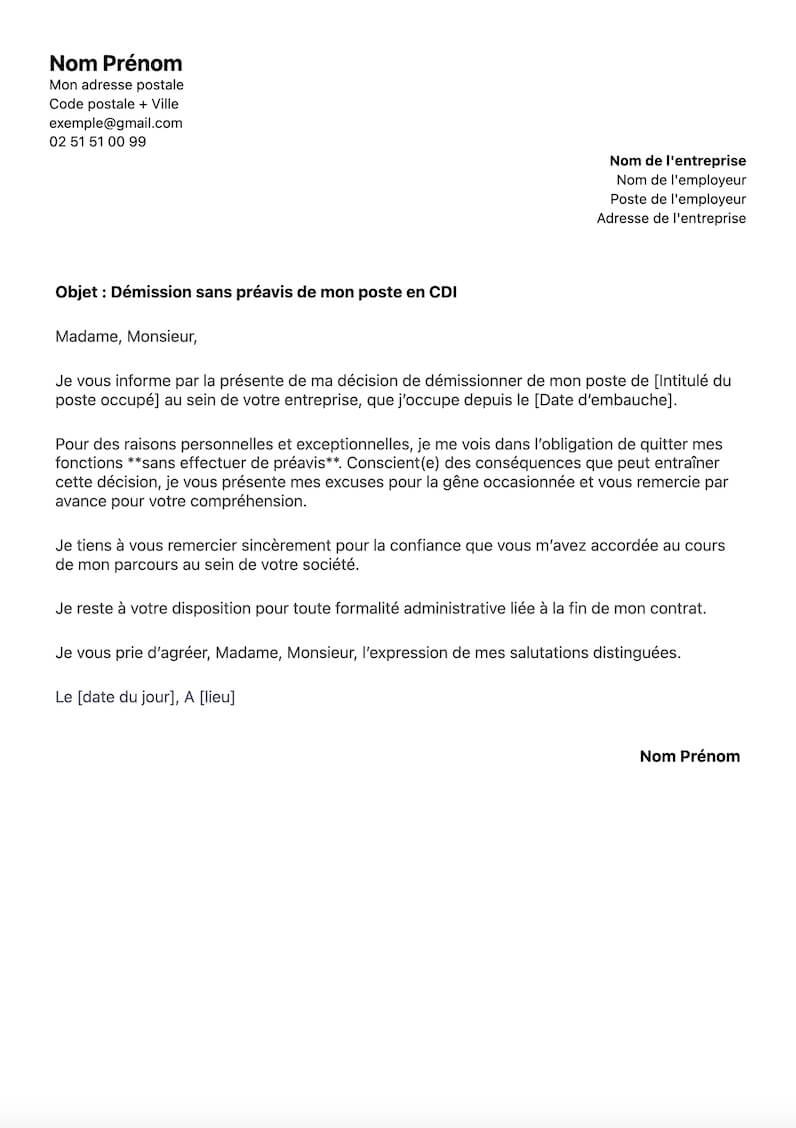 template de lettre demission pour un contrat de travail à durée indéterminée sans préavis