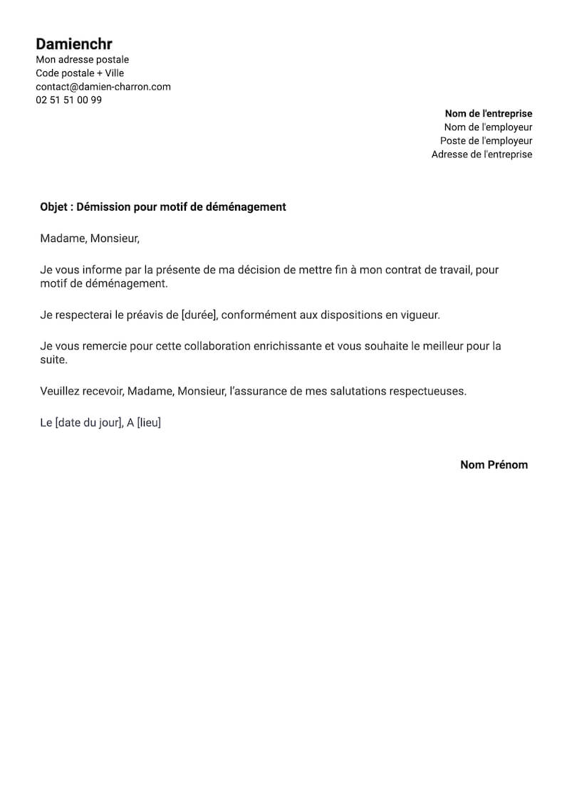 modèle de lettre de demission pour motif de déménagement