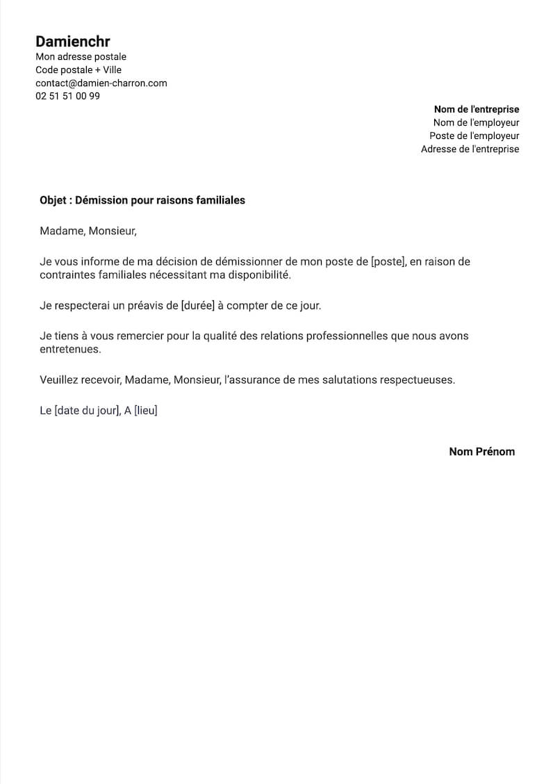 exemple lettre de demission pour raisons familiales