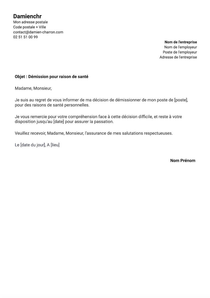 template de lettre de demission  pour raison de santé