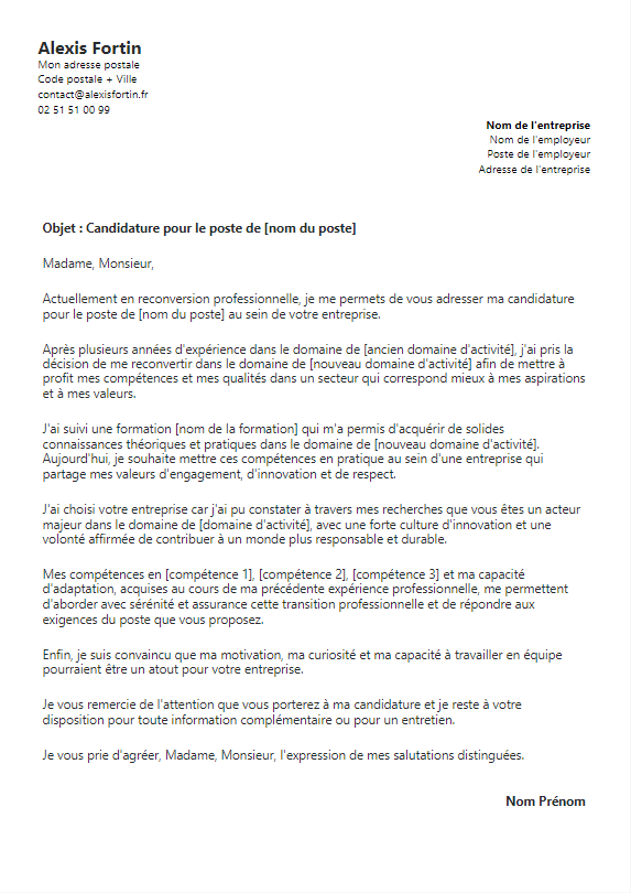 Exemple de lettre de motivation pour une reconversion professionnelle