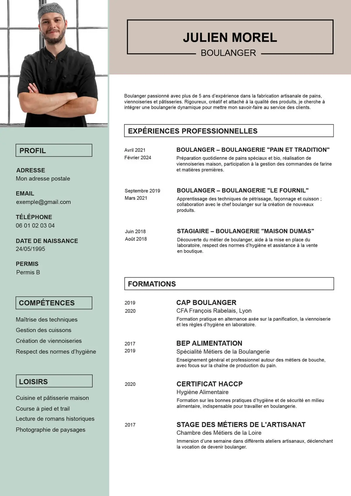 curriculum vitae pour le métier de boulanger