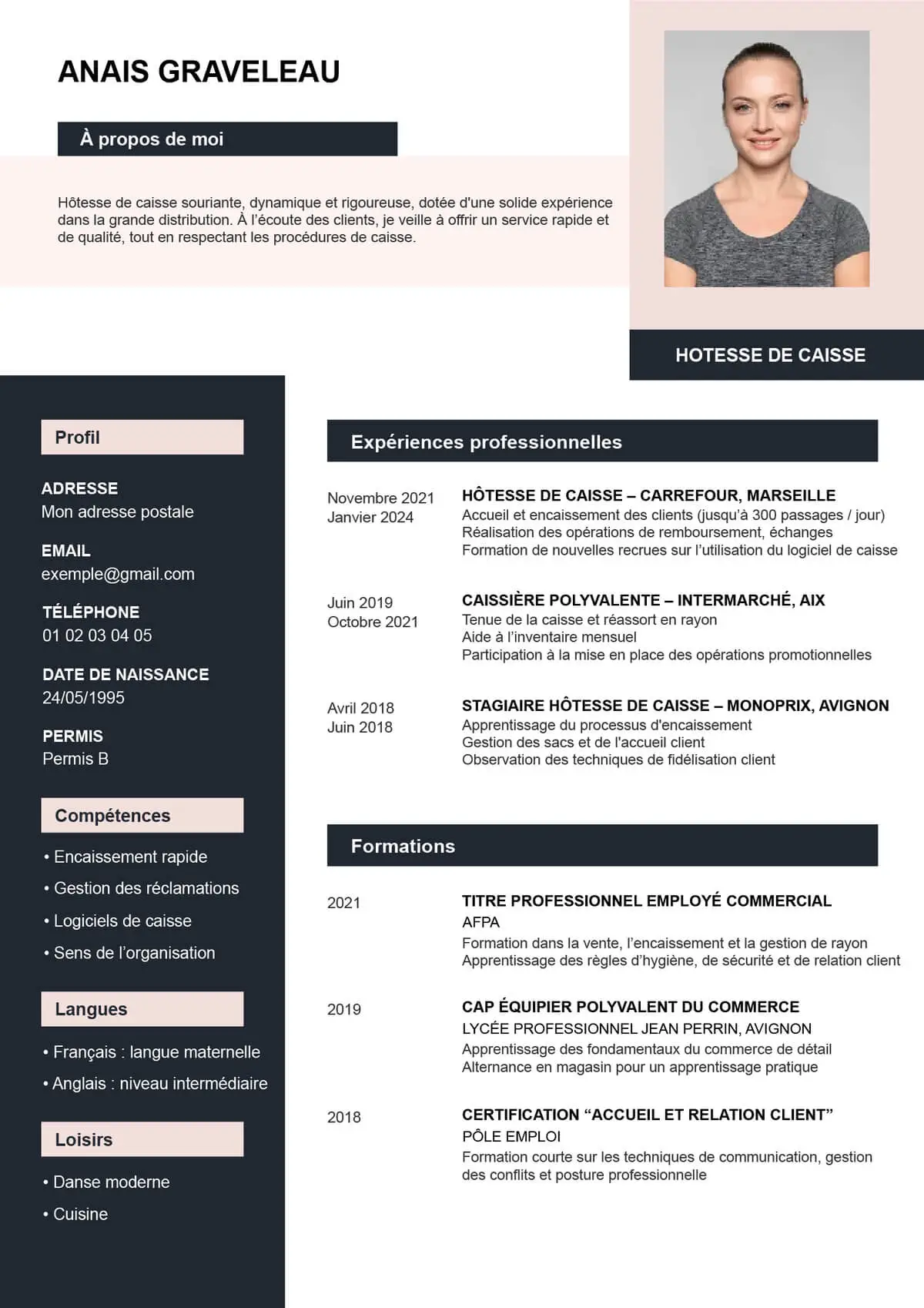 curriculum vitae pour le métier d'hotesse de caisse