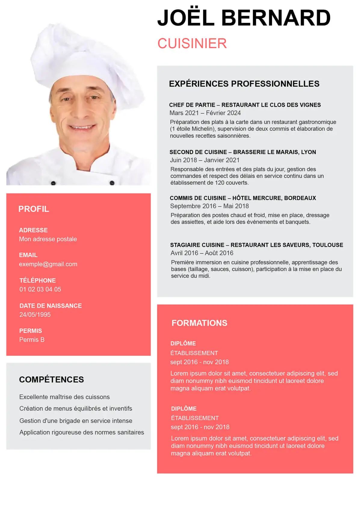 CV à remplir pour cuisinier