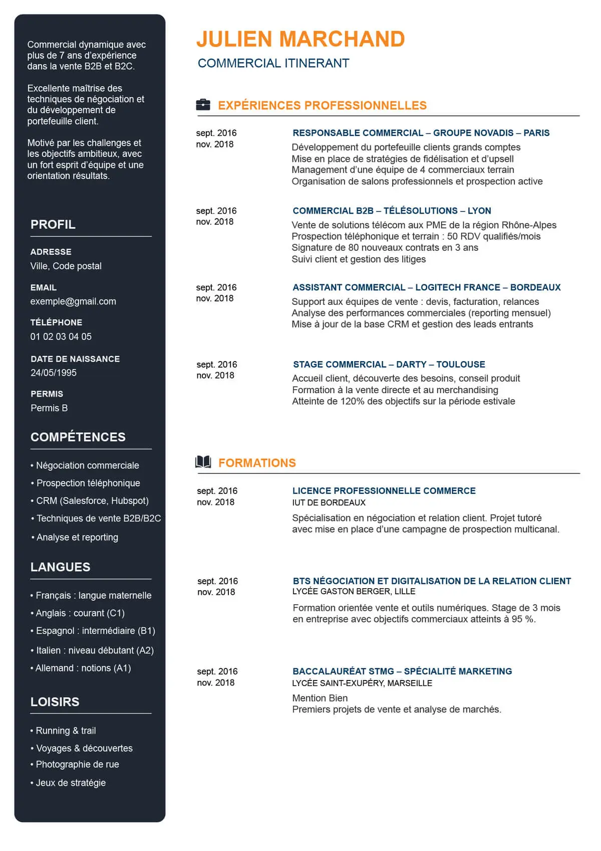 CV exemple pour le métier de commercial