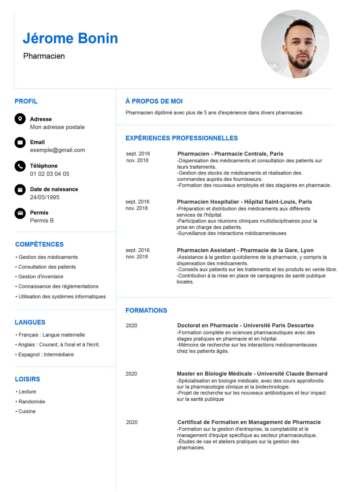 CV exemple pour le métier de pharmacien