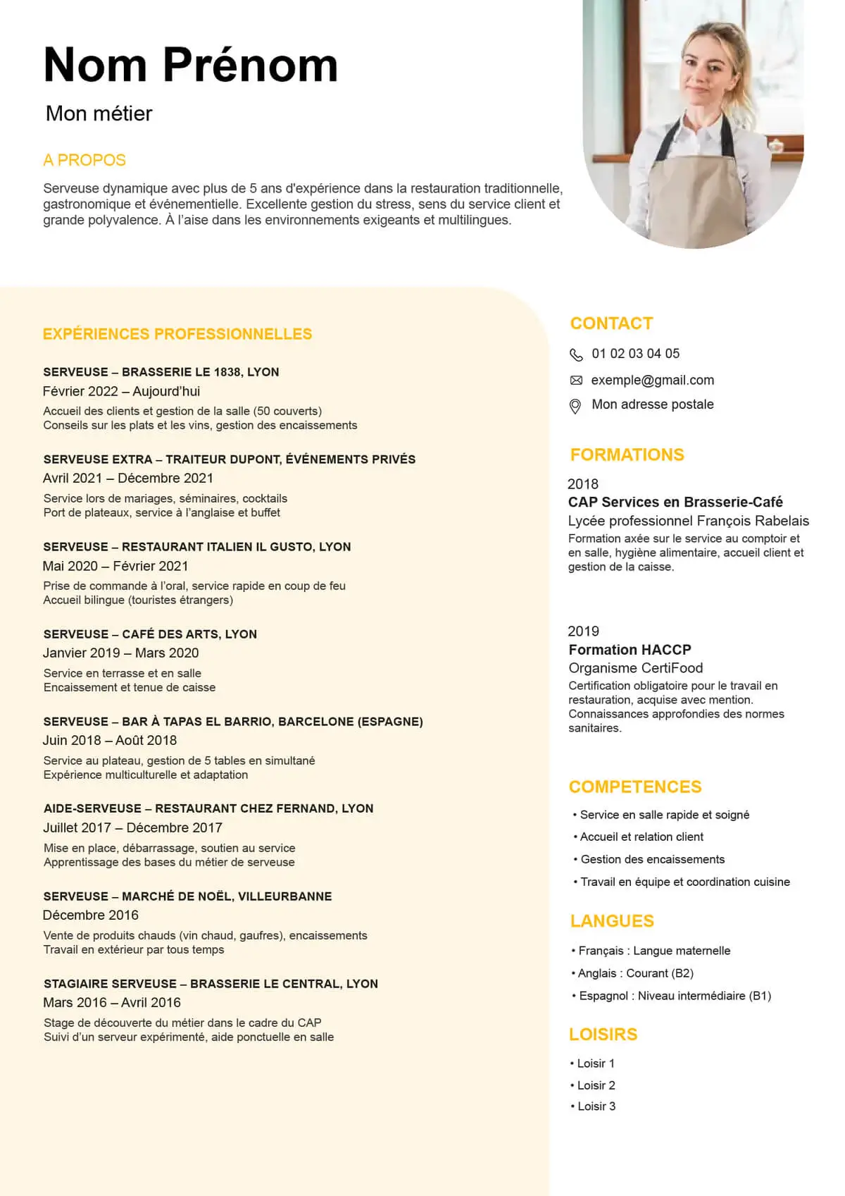 CV exemple pour le métier de serveuse