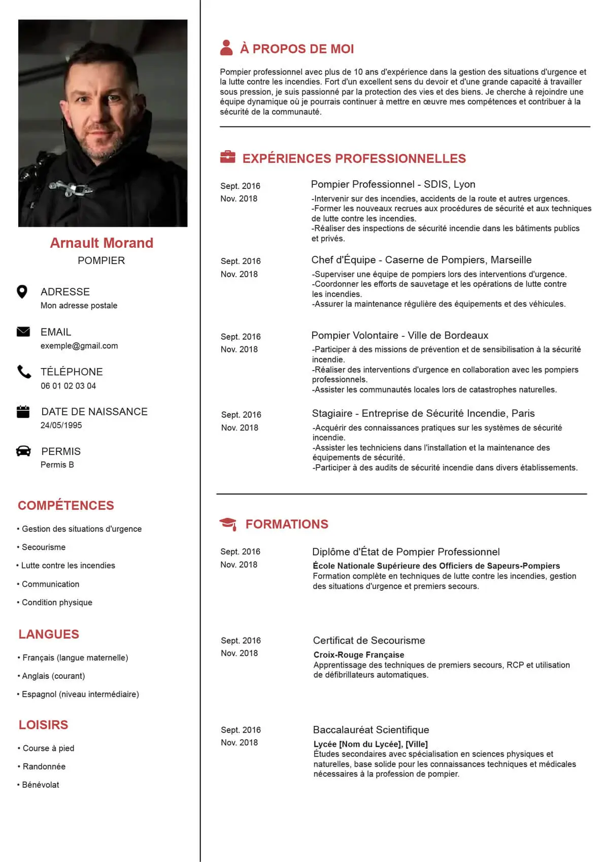 curriculum vitae pour le métier de pompier professionnel