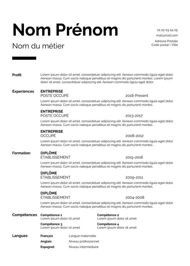 Modèle de CV simple gratuit pour Word