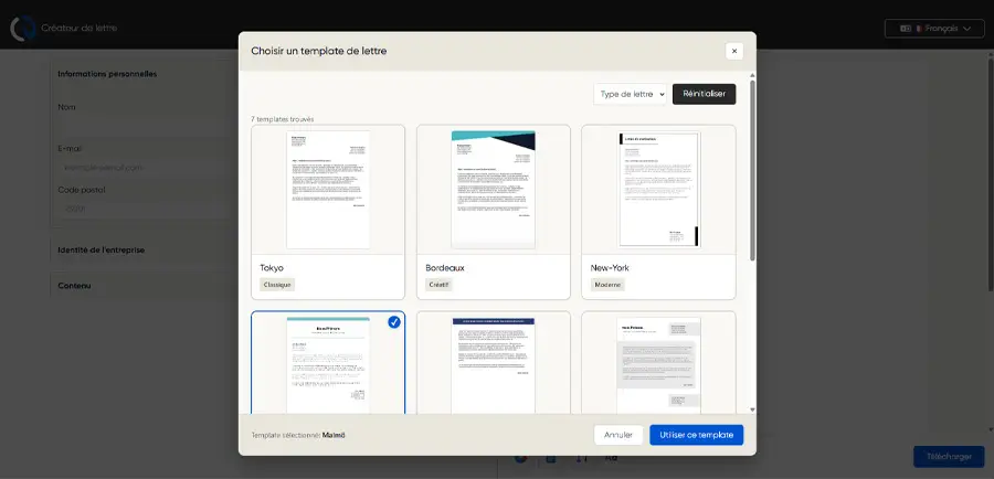 étape choix du template de lettre