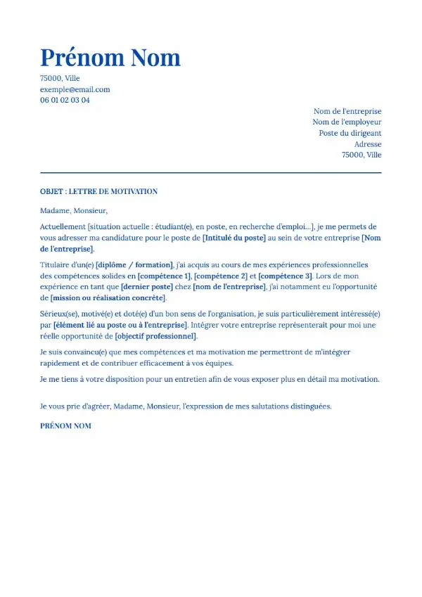Exemple de lettre de motivation raffinée avec séparation horizontale et style formel.
