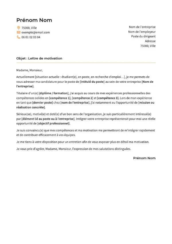 Lettre de motivation moderne et aérée avec icônes discrètes et mise en page fluide