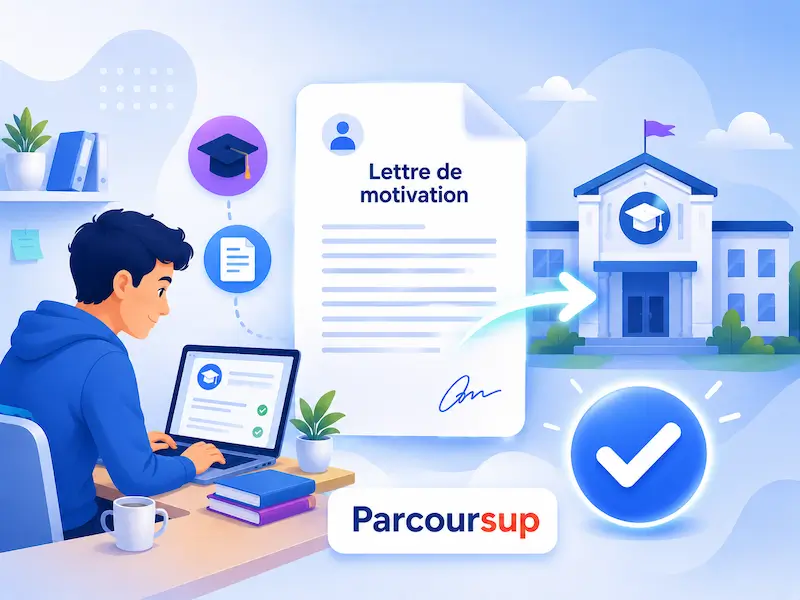 Illustration d’un étudiant préparant une lettre de motivation Parcoursup, avec une candidature envoyée vers une université et un dossier validé pour l’admission dans l’enseignement supérieur.