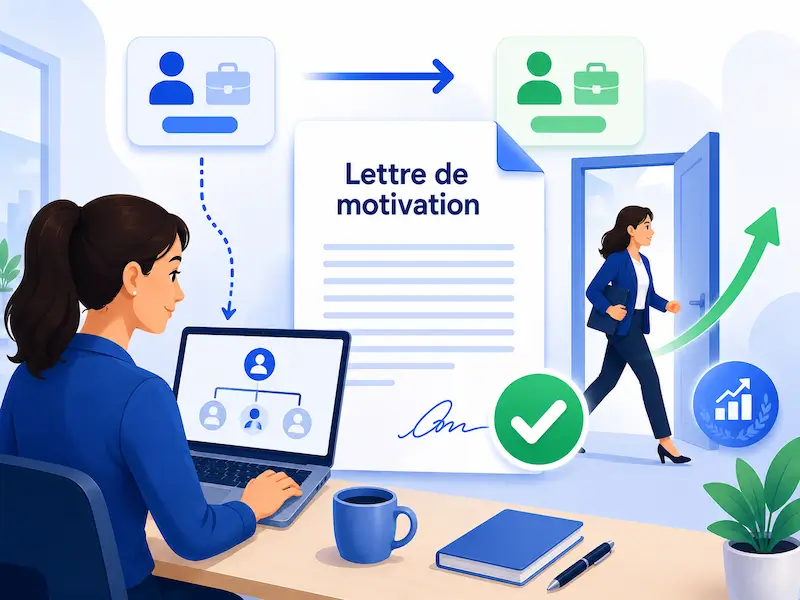 Illustration d’une lettre de motivation interne montrant une salariée postulant à un nouveau poste dans son entreprise, avec une lettre de motivation, une évolution de carrière et une mobilité interne validée.