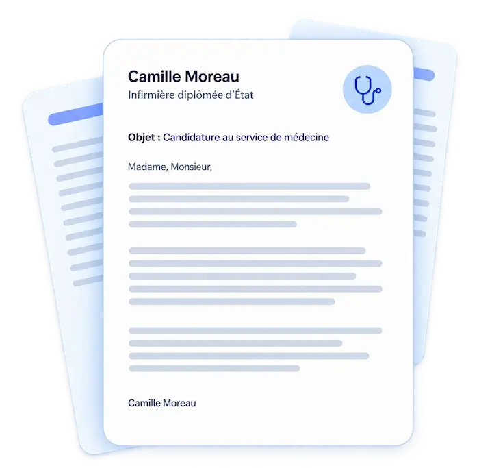 Illustration de lettres de motivation médicales superposées, fond transparent, détails bleus discrets