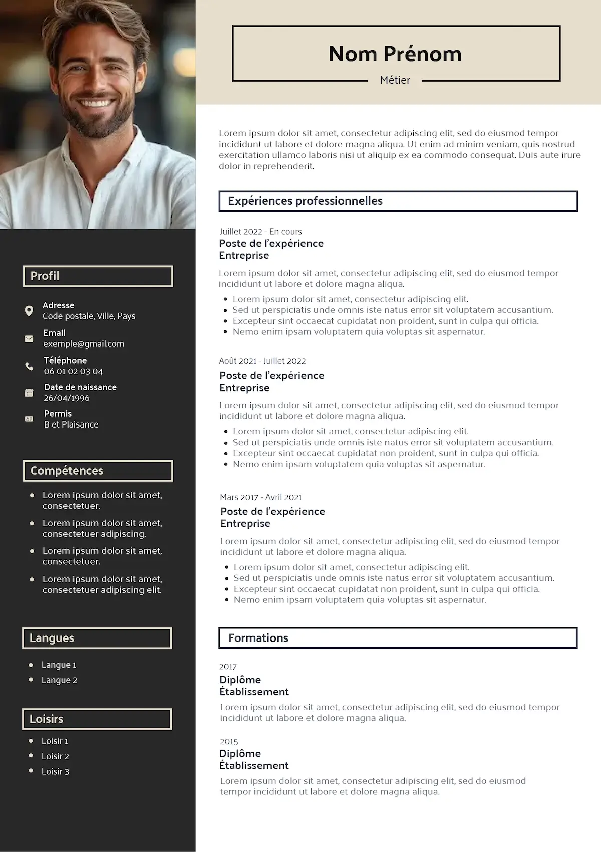 Modèle CV moderne à remplir pour mettre en avant ses expériences professionnelles