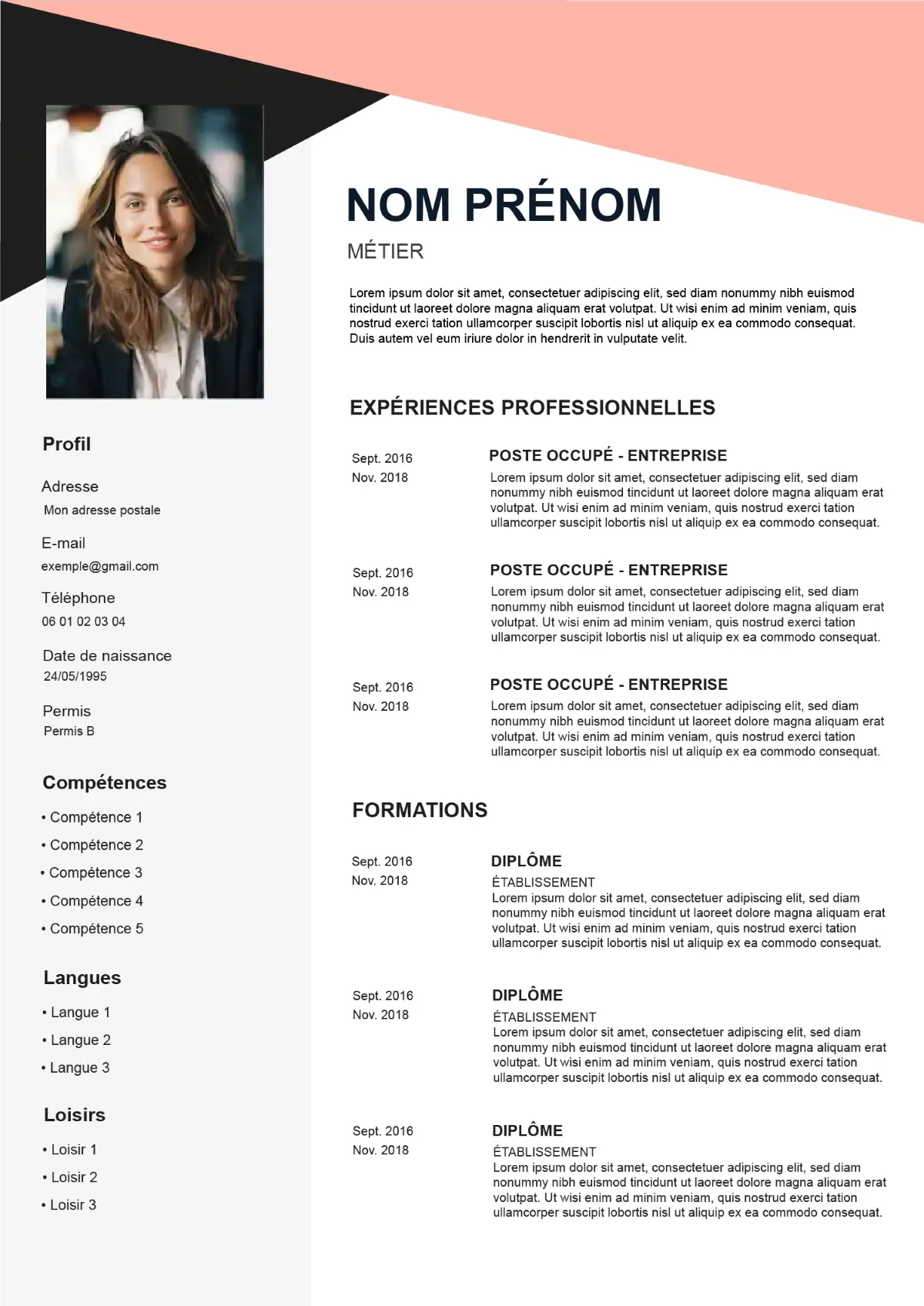 Modèle CV rose à remplir