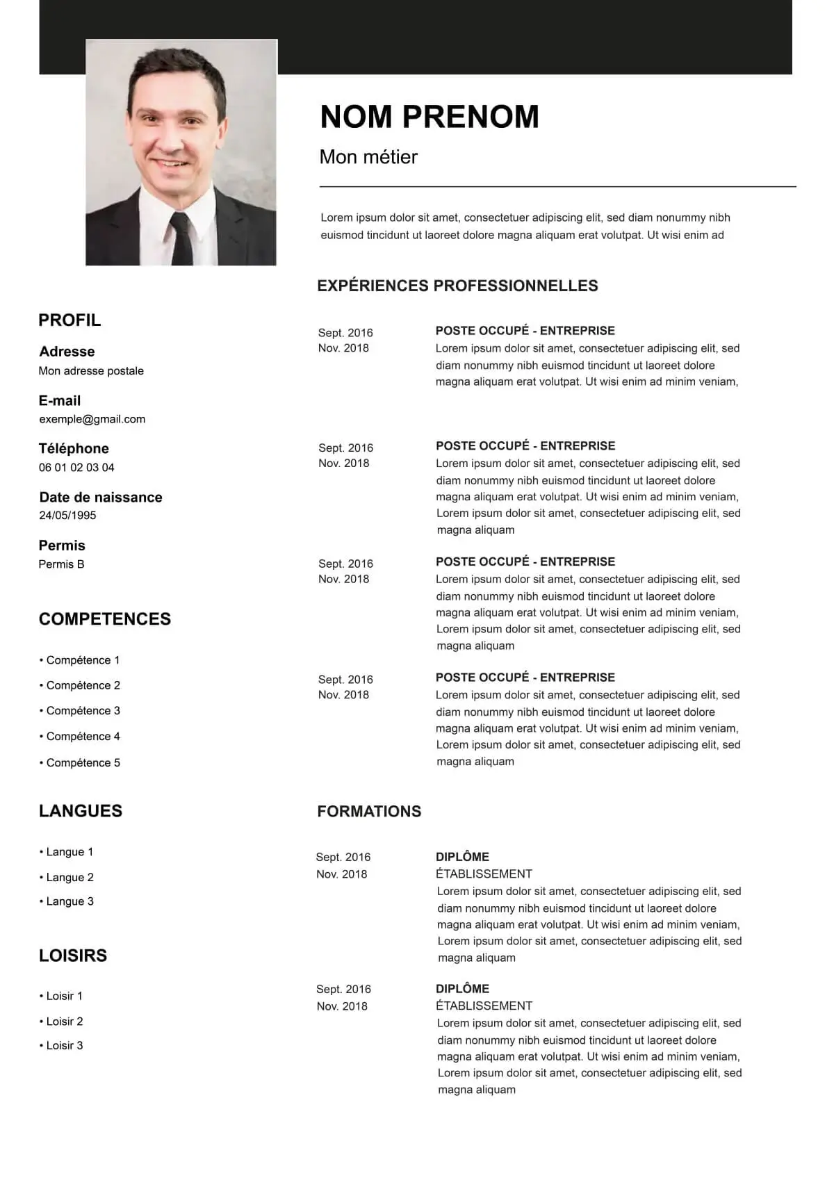 Exemple CV vierge à remplir avec un logiciel de création de Curriculum Vitae
