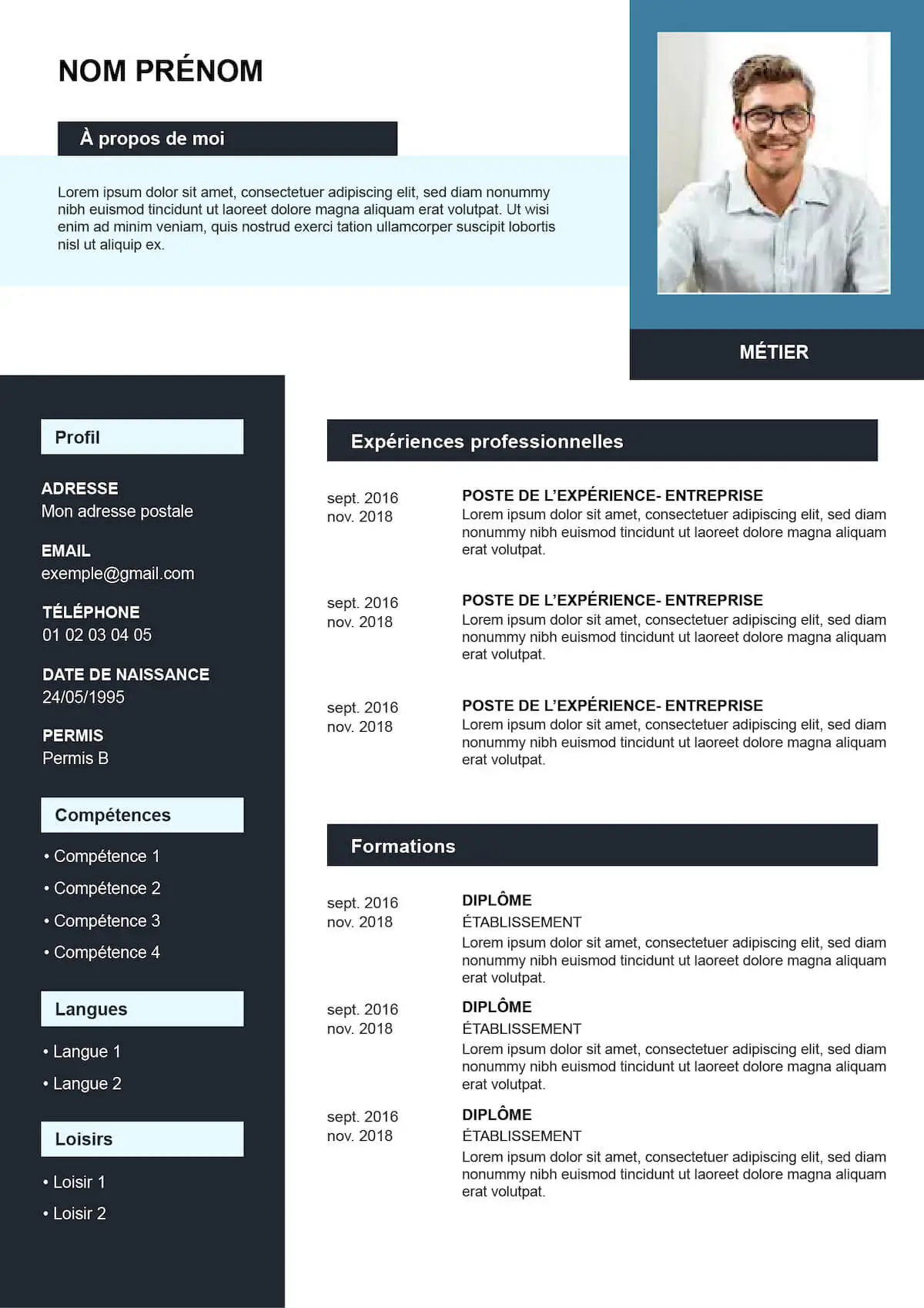 Exemple de Curriculum Vitae créatif à remplir sur notre site