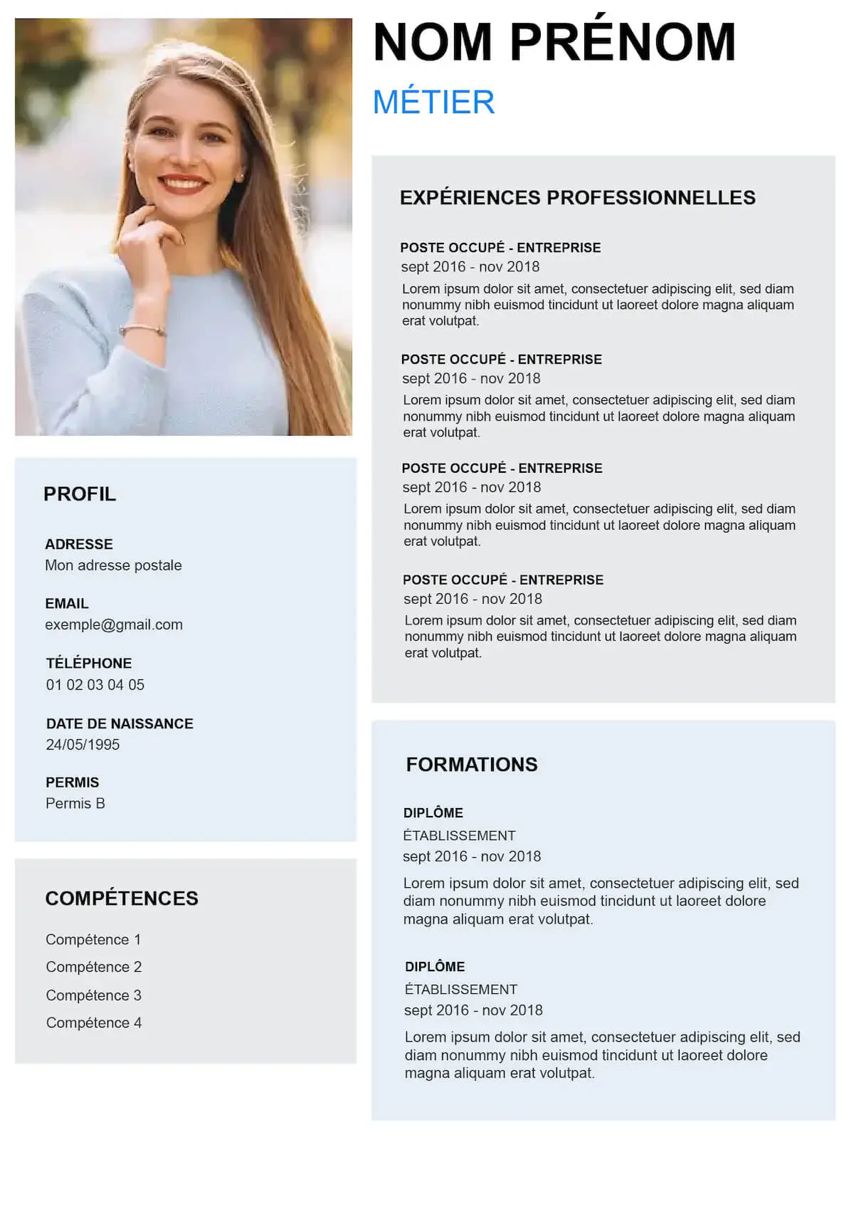 Exemple de CV graphique bleu au format PDF et word