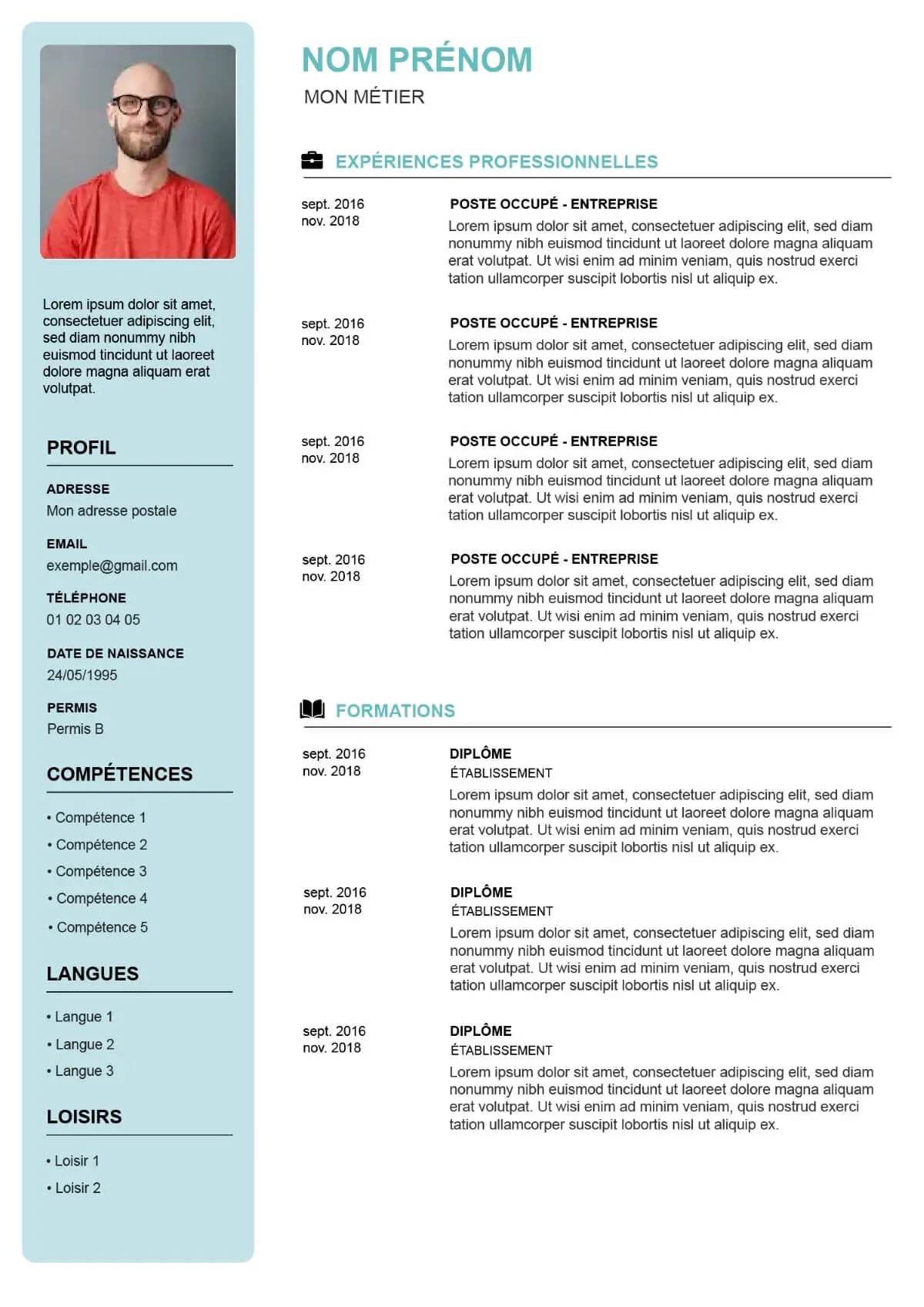 Template de CV dynamique bleu au format PDF