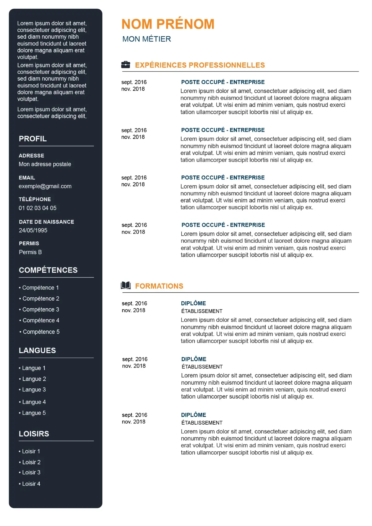 Curriculum Vitae simple et orange sans photo