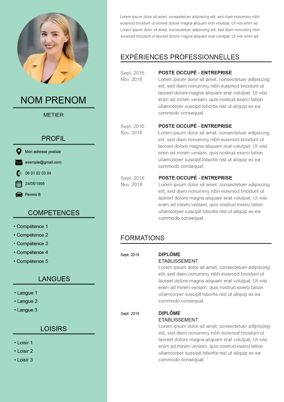 template de CV vert professionnel