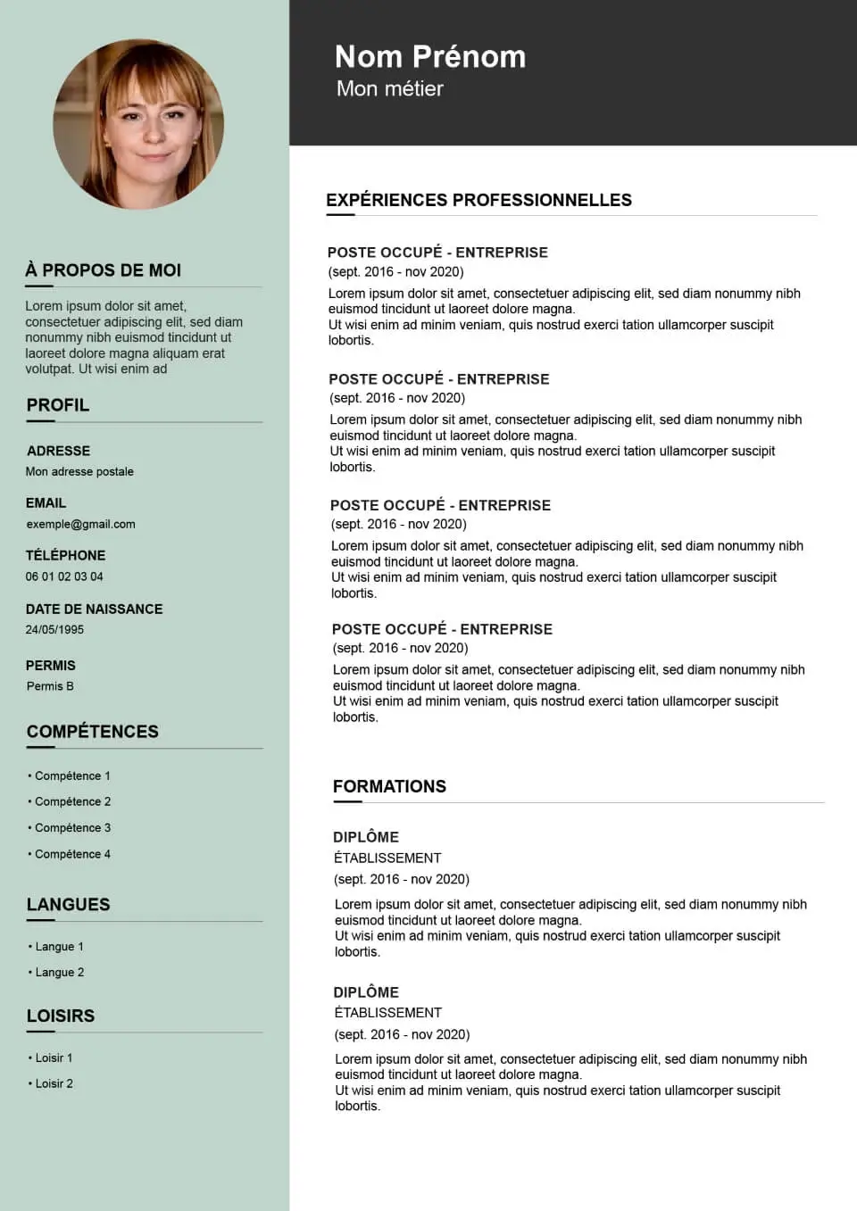 template de CV à télécharger pour Adobe Photoshop