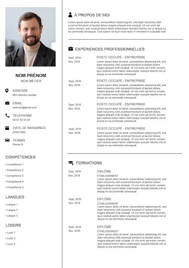 template de Curriculum Vitae avec mise en page simple