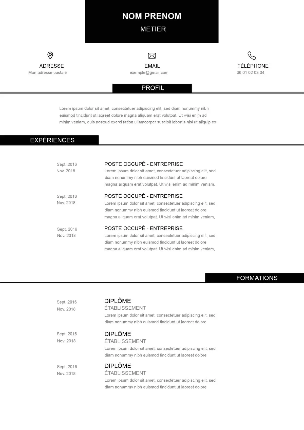 CV simple sans photo