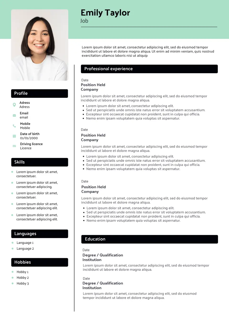 template de cv anglais rose